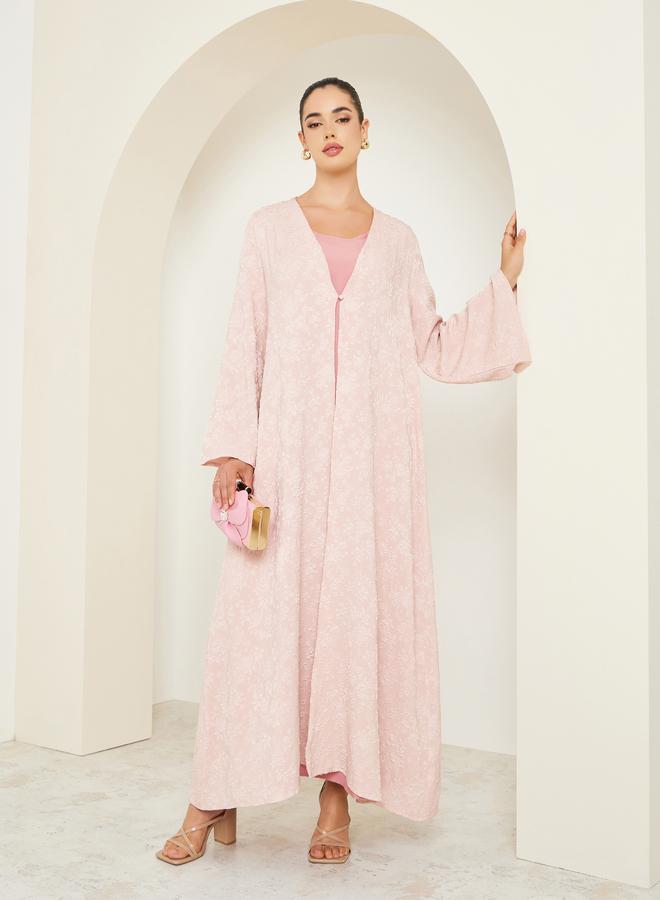 Amirah Women Pink Jacquard Open Front Abaya - Image 1